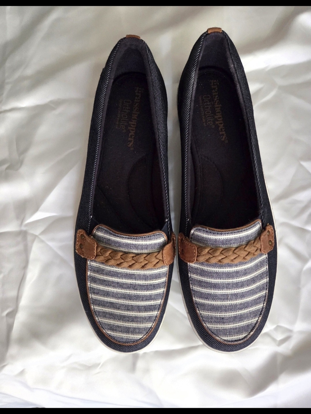 Grasshoppers Navy Stripe Flats with Tan Braided Trim